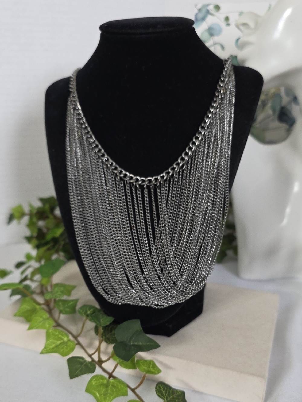 Gunmetal Multi-Strand Chain Drape Bib Necklace - Industrial Statement